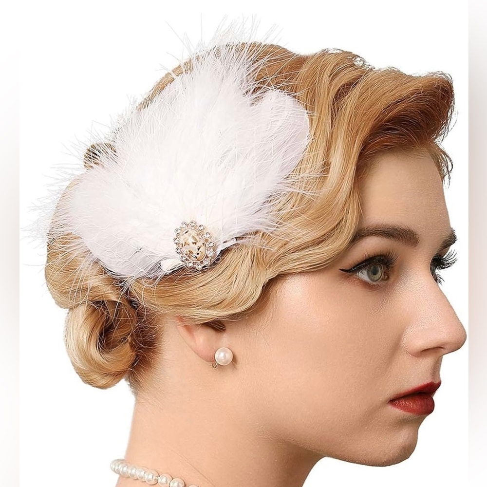 1920s Gatsby flapper white feather headpiece, new